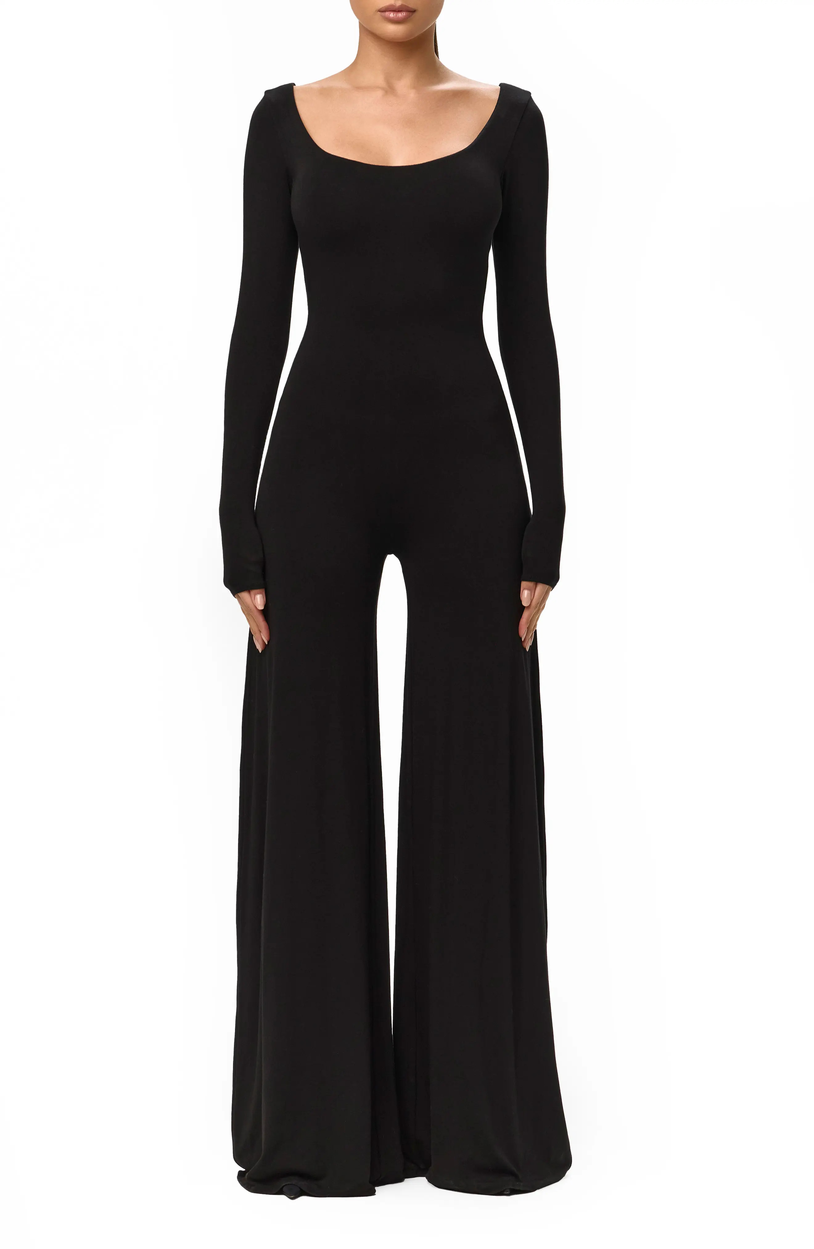 Naked Wardrobe Smooth Scoop Neck Long Sleeve Jumpsuit in Black at Nordstrom, Size Large | Nordstrom