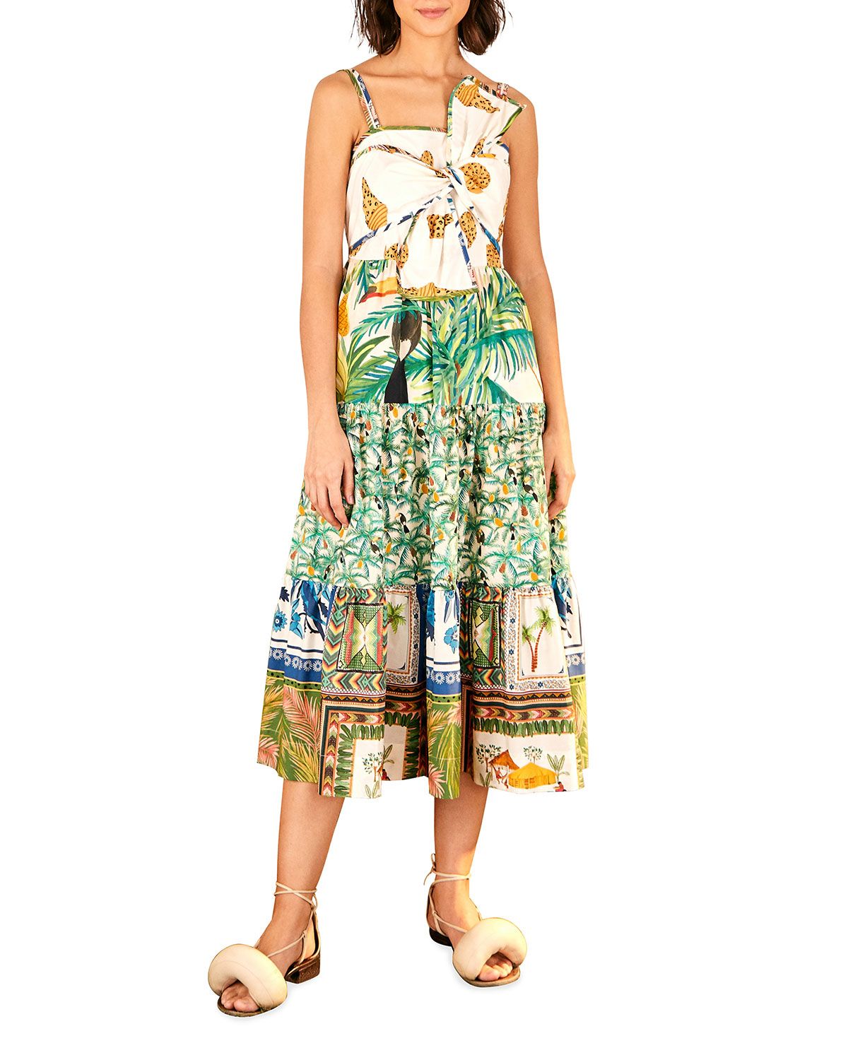 Mixed Prints Bow Top Midi Dress | Neiman Marcus