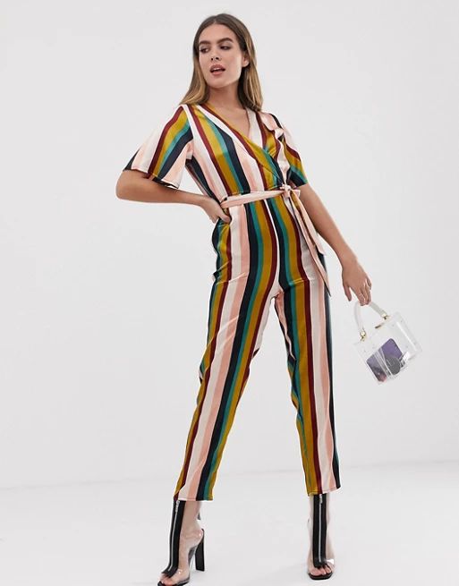 Boohoo tie waist culotte jumpsuit in rainbow stripe | ASOS US