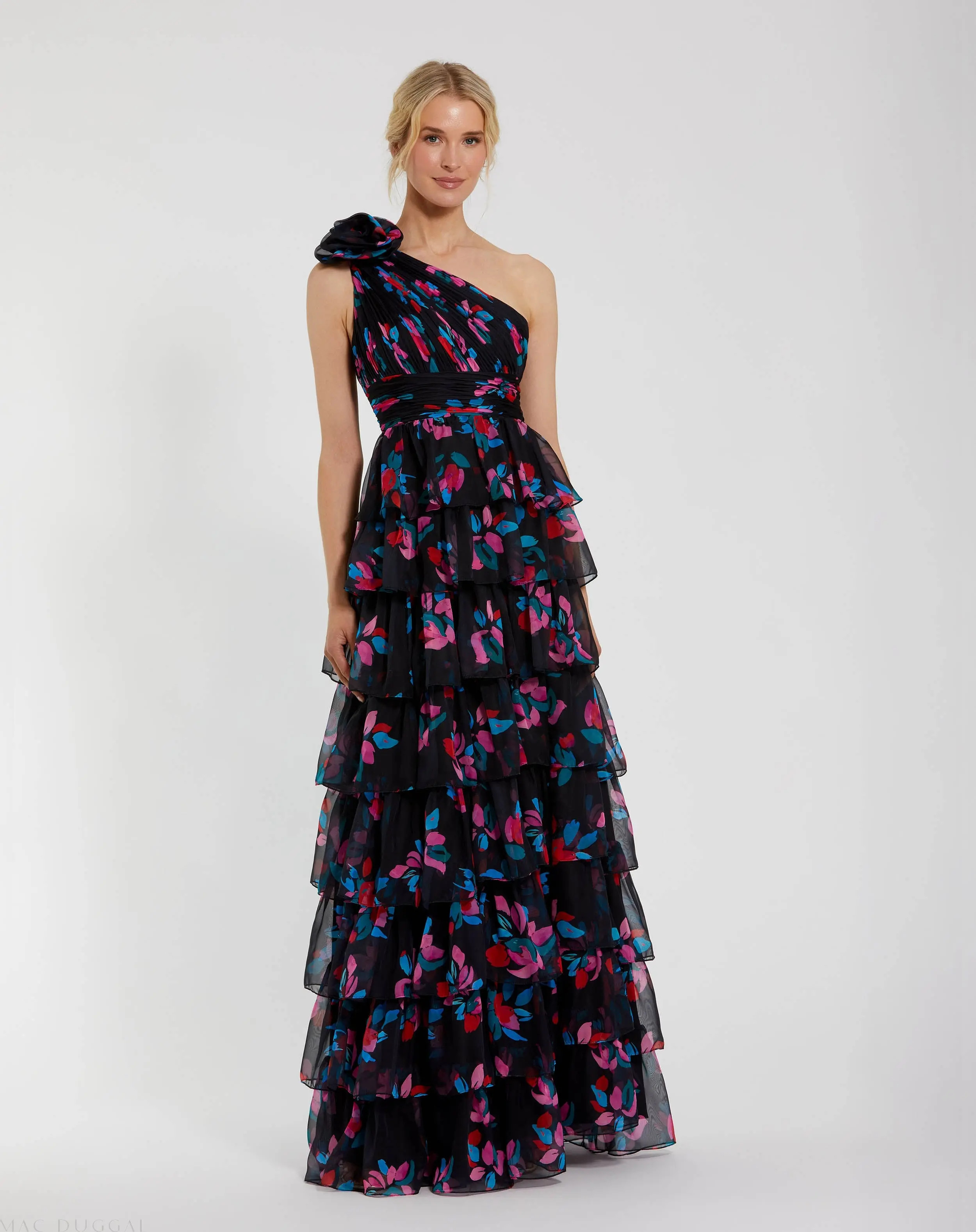 Ieena for Mac Duggal - Black Floral Chiffon One Shoulder Tiered Ruffle Gown - Black Multi / US 4 | Mac Duggal