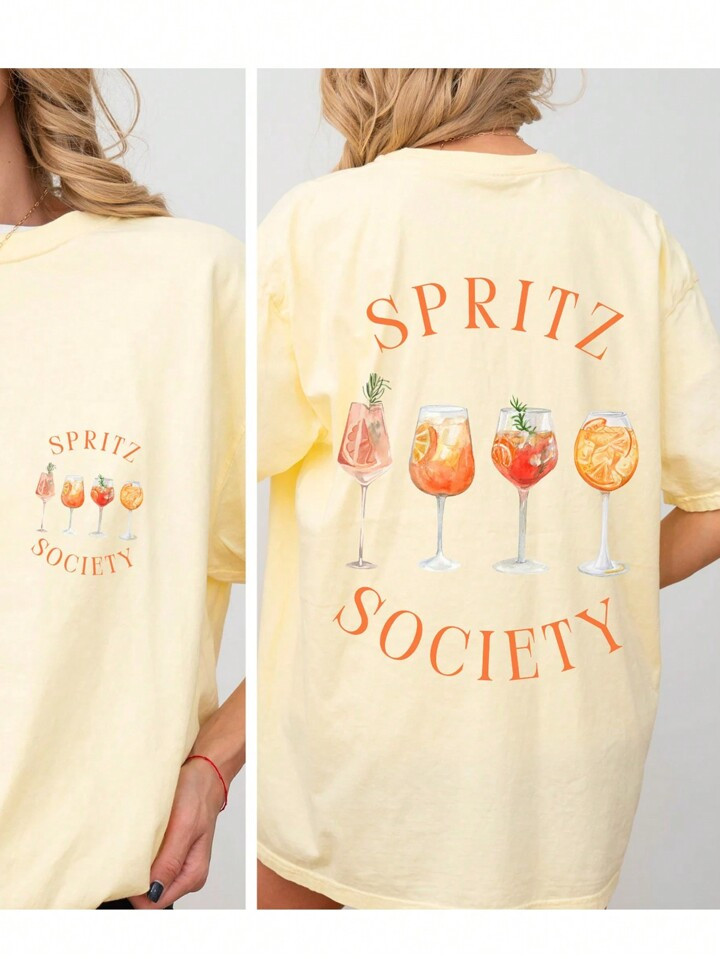 INAWLY Cocktail And Letter Graphic Drop Shoulder Oversize Tee Graphic Tees Women Tops | SHEIN