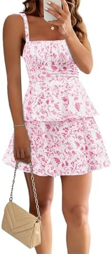 Wenrine Womens Floral Mini Dress Spaghetti Strap Sleeveless Tie Back Ruffle Summer Tiered Dresses | Amazon (US)