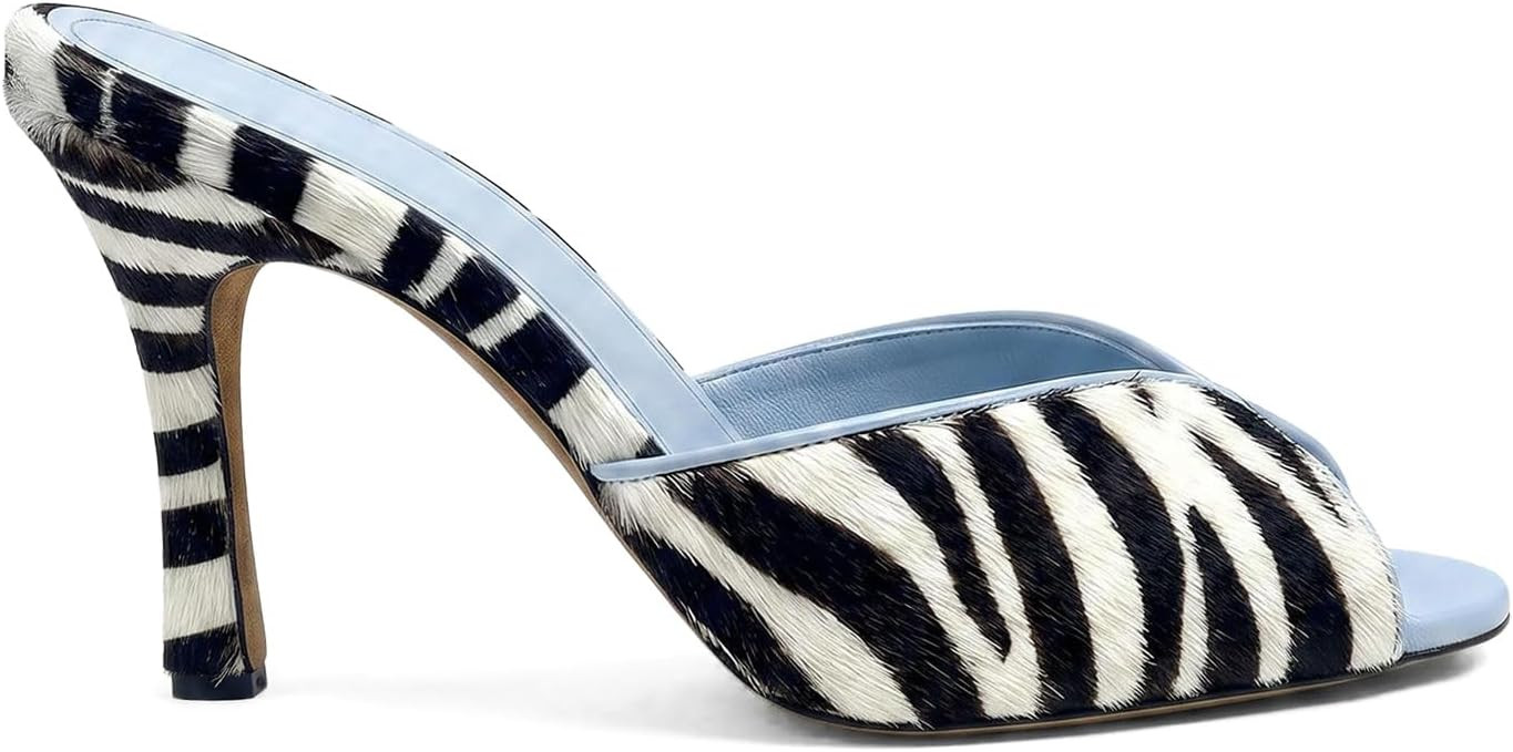 Womens Zebra Heels Kitten Heel Sandals Open Peep Toe Stiletto High Heeled Mules Pumps Shoes Slip on Slides for Prom Wedding Party | Amazon (US)