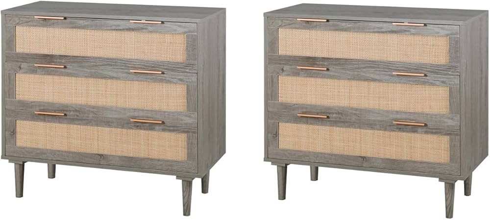 HOPUBUY Large Nightstand Set of 2 with Rattan Drawer, Modern 3 Drawer Night Stand for Bedroom, Wo... | Amazon (US)