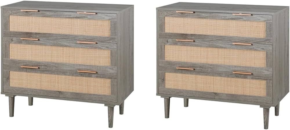 HOPUBUY Large Nightstand Set of 2 with Rattan Drawer, Modern 3 Drawer Night Stand for Bedroom, Wo... | Amazon (US)