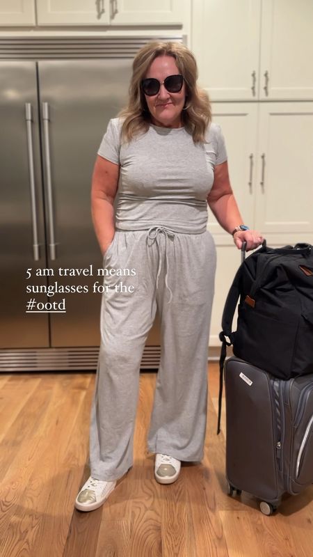 Travel outfit. I barely slept the night before and the alarm went off early. This two piece set is a great buy. I wore it to travel and I’ve worn it as loungewear. I even wore the top as a layer on my hike. 
Wearing a size XL 

I’m linking my compression packing cubes and my very roomie backpack. These are must have you don’t want to check a bag but still want to bring quite a few outfit options.

Spanx polo in the air. Essentials line is Lux. I used it on the plane for warmth over my shoulders for style on my hike for activewear and around the house for lounge. I’m wearing an XL
10% off and free shipping with code  NANETTEXSPANX 

#LTKover40 #LTKtravel #LTKmidsize