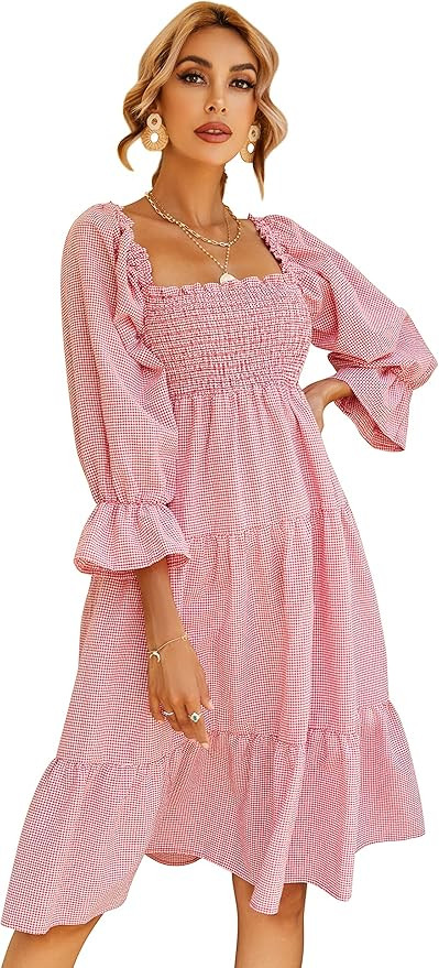 R.Vivimos Women's Summer Cotton Plaid Puff Sleeves Bow Casual Off-Shoulder Boho Midi Dress | Amazon (US)