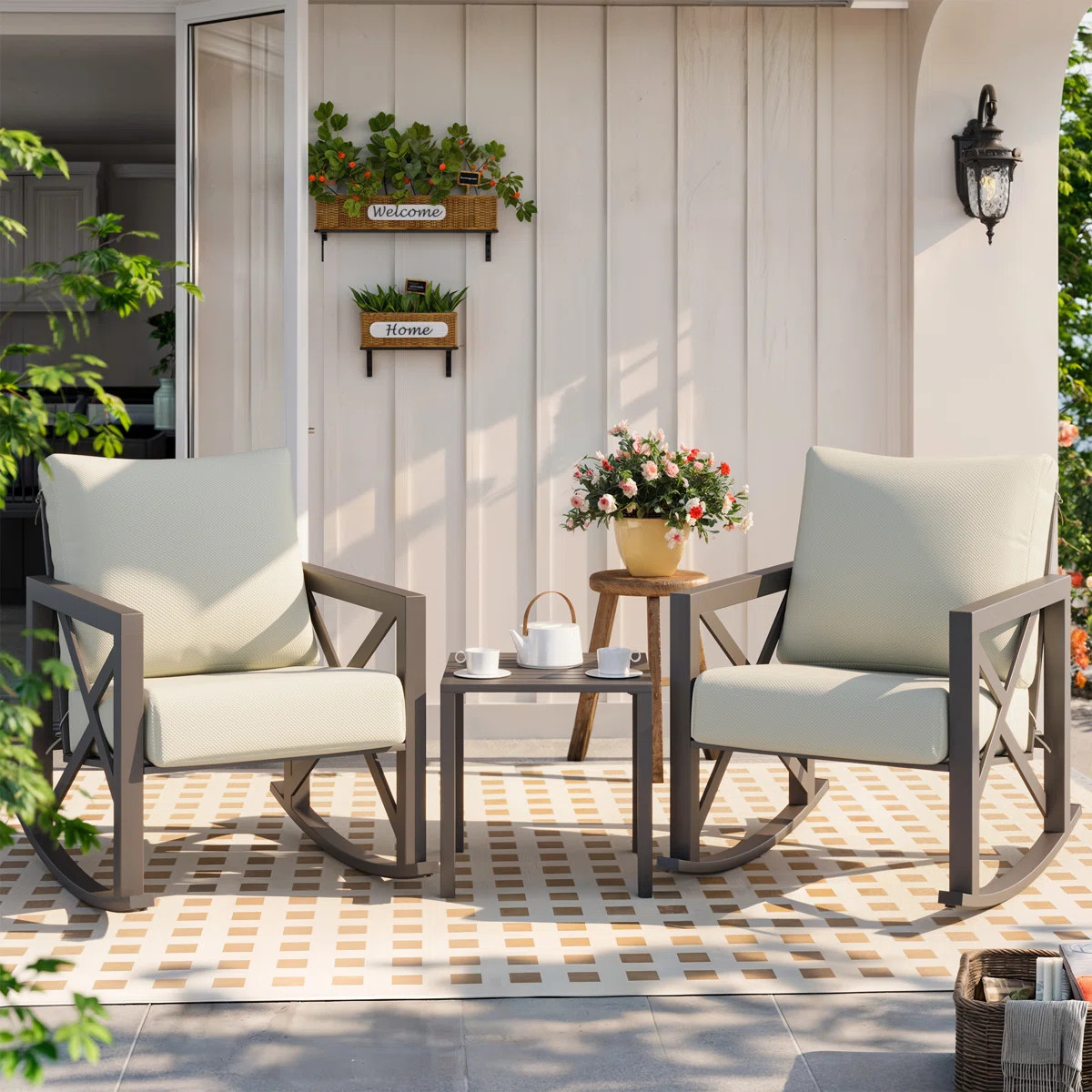 2-Person Outdoor Rocking Chair Set with Table and Cushions | Wayfair North America