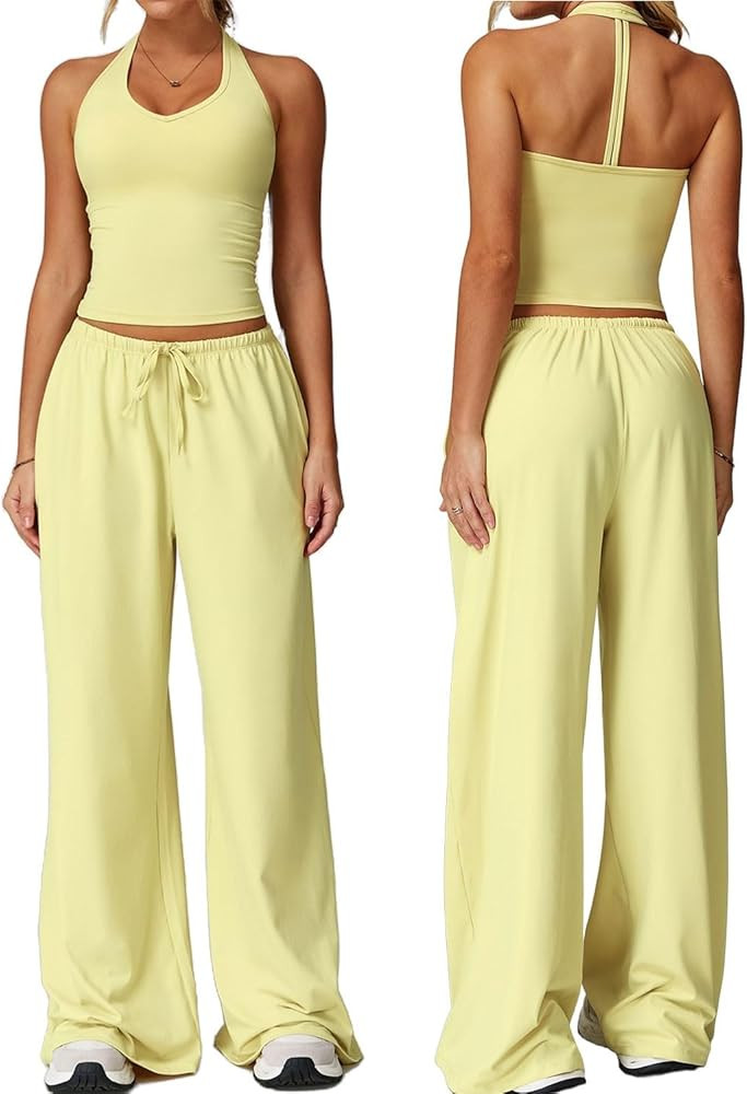 Womens 2 Piece Outfits Sets Casual Sweatsuits Halter Neck Tops and Wide Leg Pants with Pockets Yo... | Amazon (US)