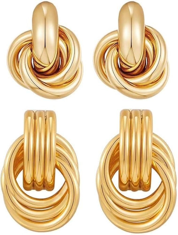 2 Pairs Gold Knot Earrings Chunky Statement Earrings Geometric Drop Dangle Earrings Long Twisted ... | Amazon (US)