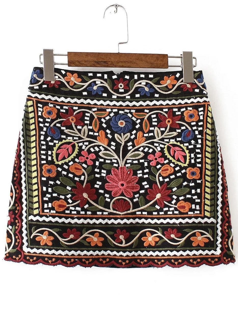 Multicolor Tribal Embroidery Vintage Skirt | SHEIN