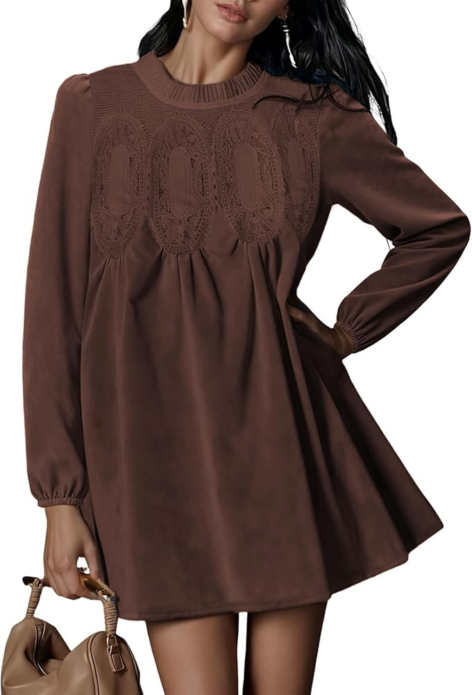 Athlisan Women's 2025 Fall Mini Dress Long Sleeve Faux Suede Lace Patchwork Babydoll A-Line Swing... | Amazon (US)