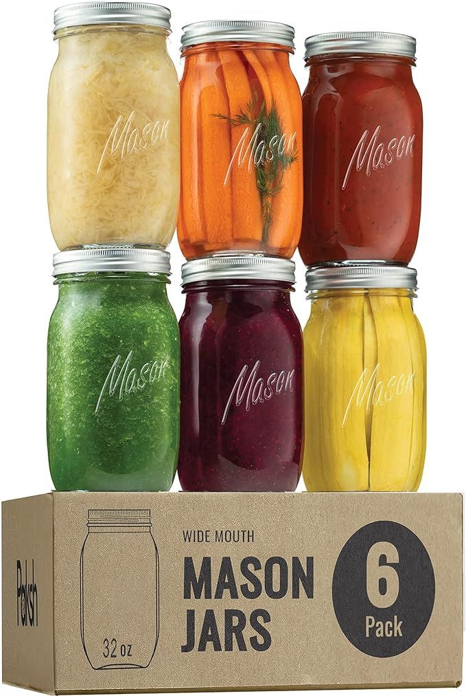 Wide-Mouth Glass Mason Jars, 32-Ounce (6-Pack) Glass Canning Jars with Silver Metal Airtight Lids... | Amazon (US)