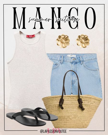 Elevate your summer style with MANGO's chic ensemble: high-rise denim shorts paired with a round neck strapless top. Add floral earrings for a touch of elegance, and complete the look with a stylish basket bag and leather strap sandals. Perfect for sunny days and casual outings!

#LTKSeasonal #LTKStyleTip #LTKSummerSales