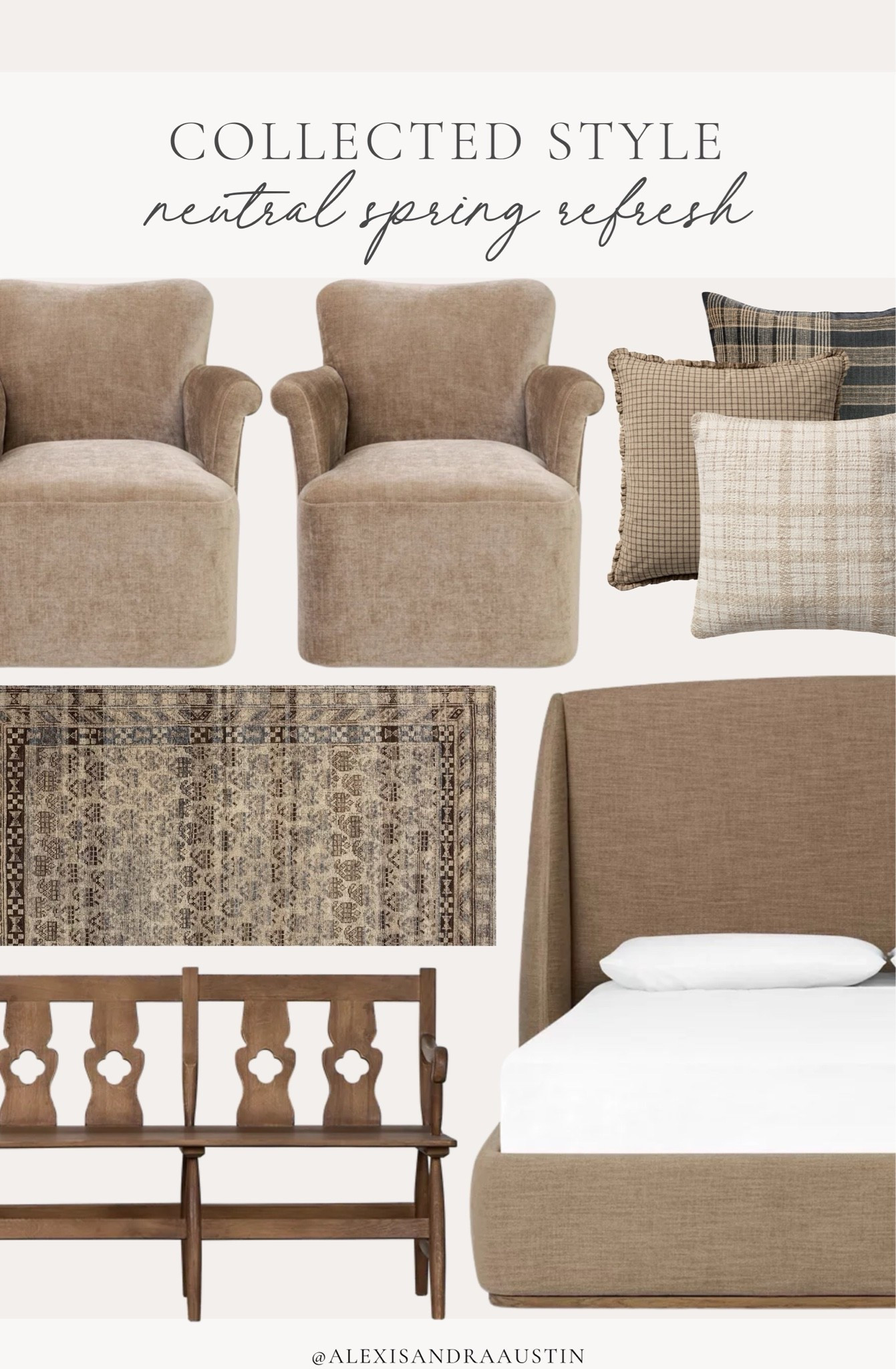 Collected style featuring a neutral spring refresh! Rounding up some timeless favorites to compliment any area of the home this season.

Home finds, neutral home inspo, collected style, spring refresh, furniture favorites, timeless home style, living room refresh, bedroom refresh, upholstered bed, accent chair, wooden bench, vintage style area rug, cozy throw pillow, Joon Loloi, Olive Atelier’s, Lumens, Perigold, shop the look!

#LTKSeasonal #LTKHome