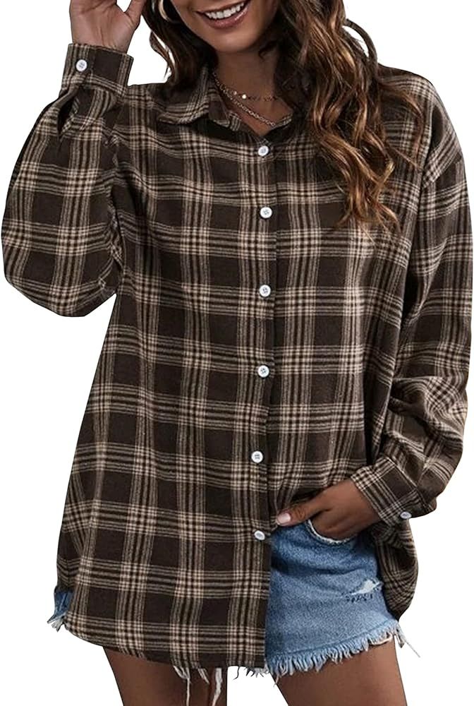 MISSACTIVER Women Oversized Flannel Plaid Shirts Batwing-Sleeve Button Down Roll Up Long Sleeve C... | Amazon (US)