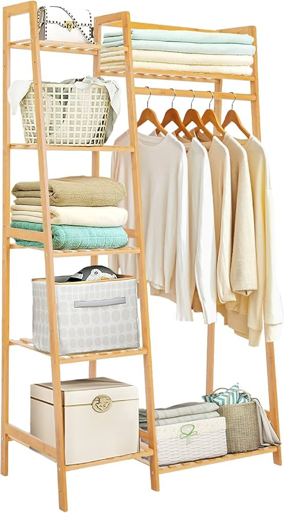 Bamboo Clothes Rack with 7 Tier Storage Shelves Clothing Hanging Stand for Small Spaces Children'... | Amazon (US)