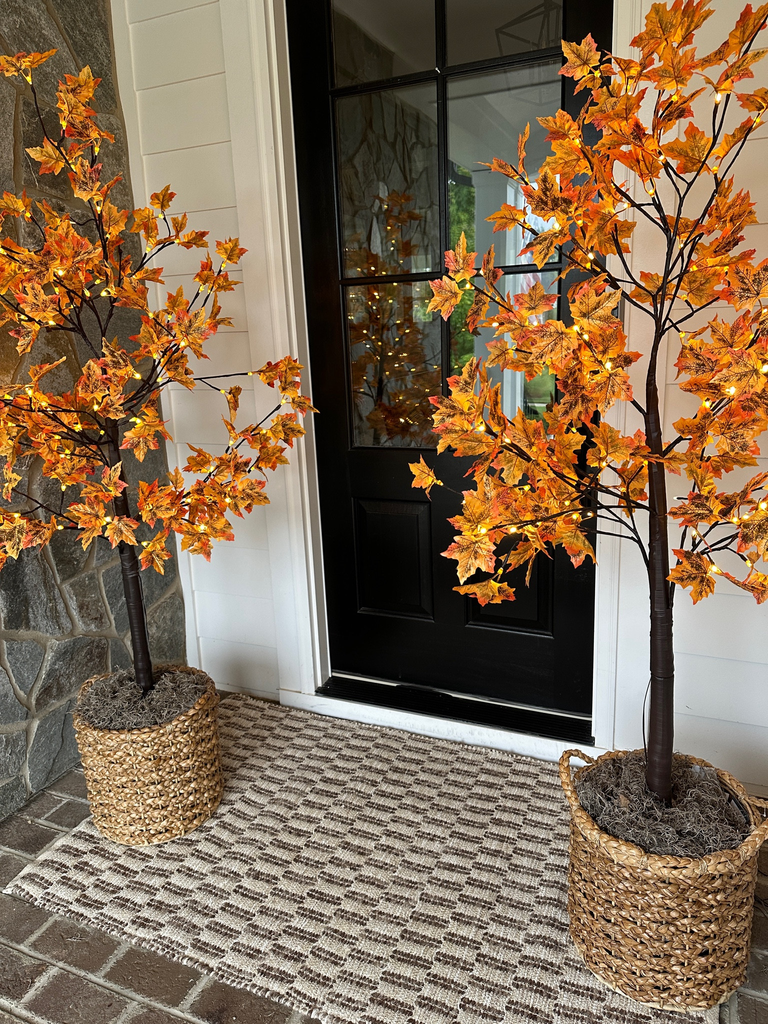 Fall light up trees, woven baskets, indoor outdoor rug, Spanish moss basket filler - perfect for fall decor or front porch!

#LTKhome #LTKSeasonal