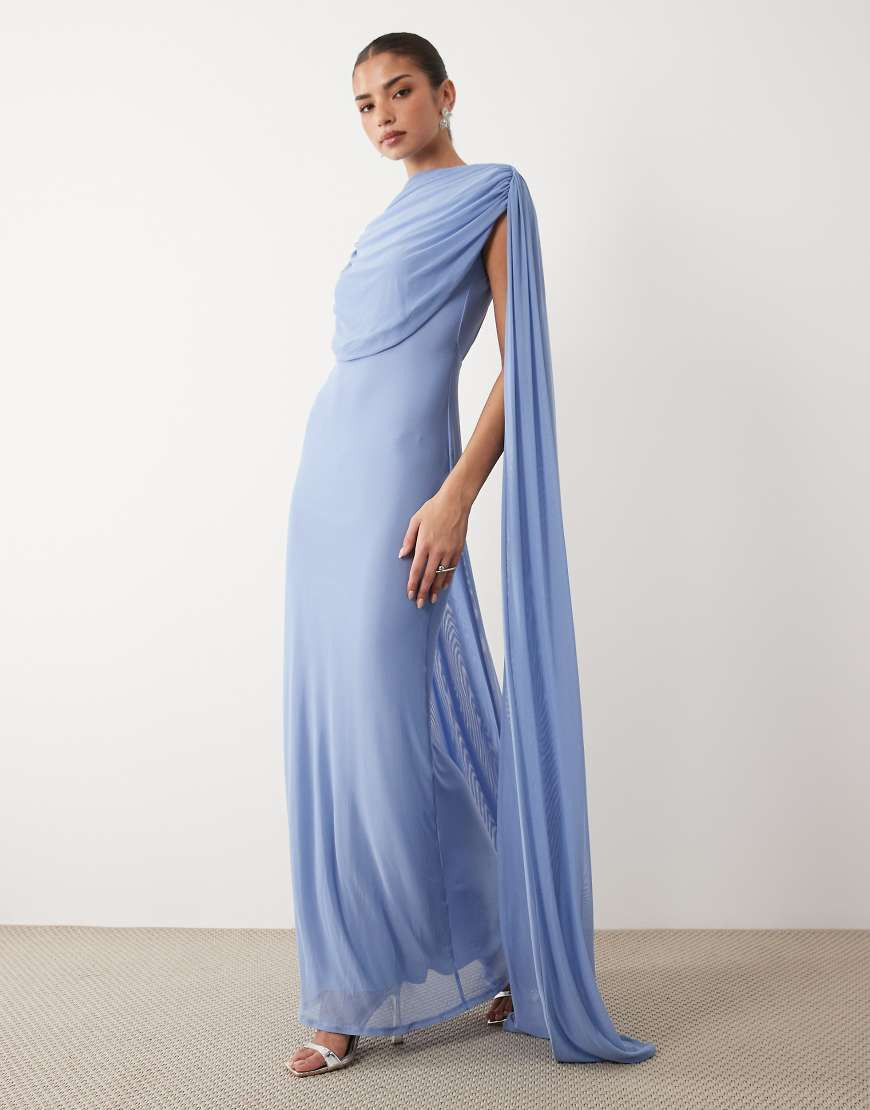 ASOS DESIGN mesh maxi dress with scarf drape detail in blue | ASOS (Global)