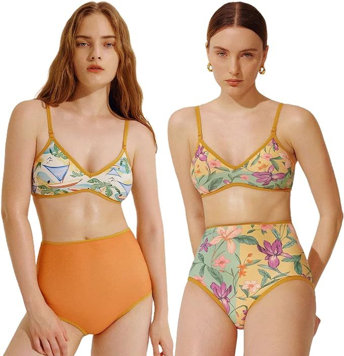 Floral Swimsuits for Women, Reversible Bikini Vintage, High Waist Bathing Suit 2 Piece, Female Sp... | Amazon (US)