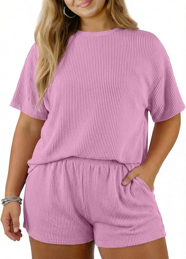 Eytino Plus Size Two Piece Sets for Women Short Sleeve Shirts High Waisted Shorts Pajamas Lounge ... | Amazon (US)