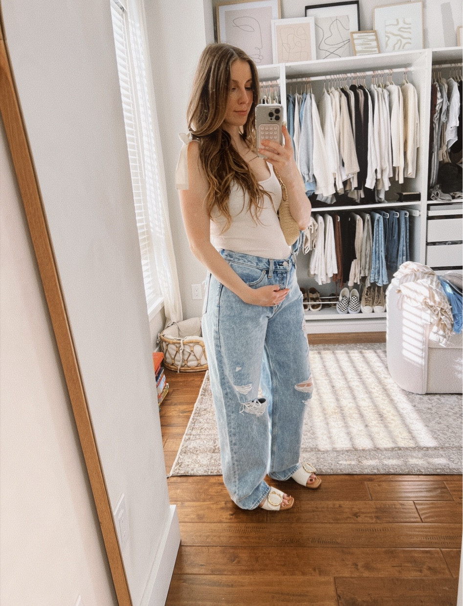 Went up a few sizes in these jeans to accommodate my 2nd trimester bump! They are so cute & affordable! I’m wearing a size 6. Pregnancy outfit. 

#LTKFindsUnder50 #LTKBump #LTKStyleTip