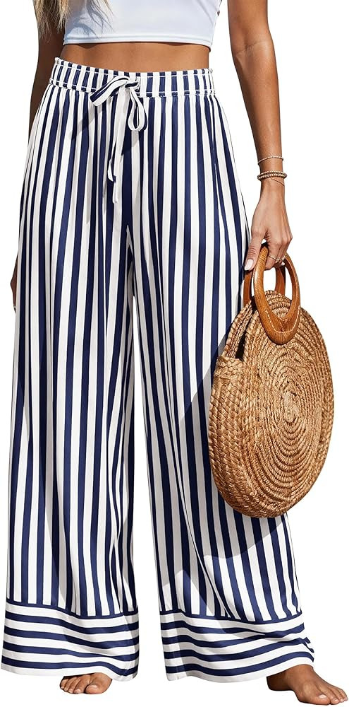 PRETTYGARDEN Women's Palazzo Pants 2026 Summer Striped Satin Wide Leg High Waisted Flowy Lounge T... | Amazon (US)