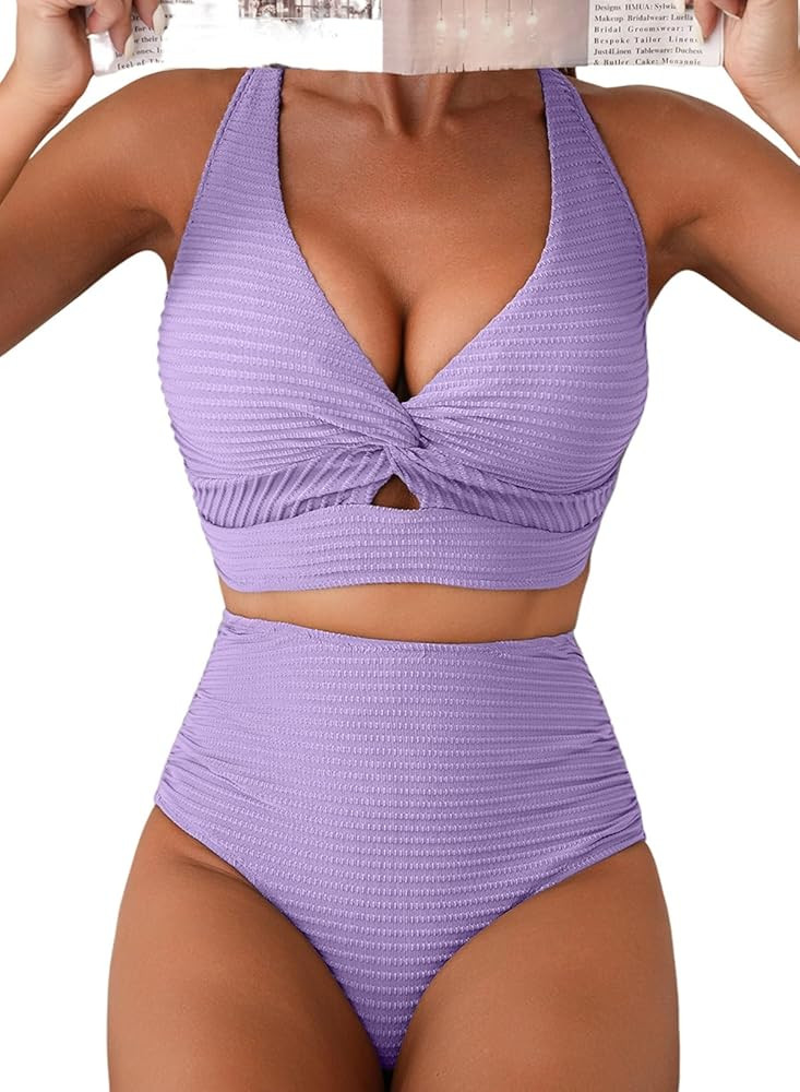 Herseas Women's Textured Bikini Sets Twist Front Top Swimsuits High Waisted Bathing Suits | Amazon (US)
