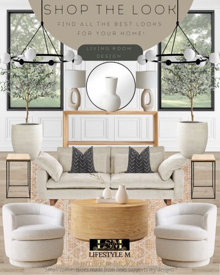 Modern farmhouse, transitional living room idea. Recreate the look with these furniture and decor finds! Round wood coffee table, white swivel accent chair, beige farmhouse living room rug, white ceramic vase, black throw pillow, grey sofa, wood metal frame end table, wood console table, round mirror, white modern table lamp, black modern wheel chandelier, terracotta tree planter pot, realistic fake tree. WestElm

#LTKFind #LTKstyletip #LTKhome