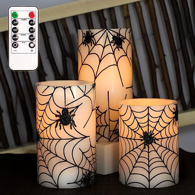 FLAVCHARM Haunted House Decoration, Spider Web LED Flameless Candles with Remote, Set of 3 LED Fl... | Amazon (US)