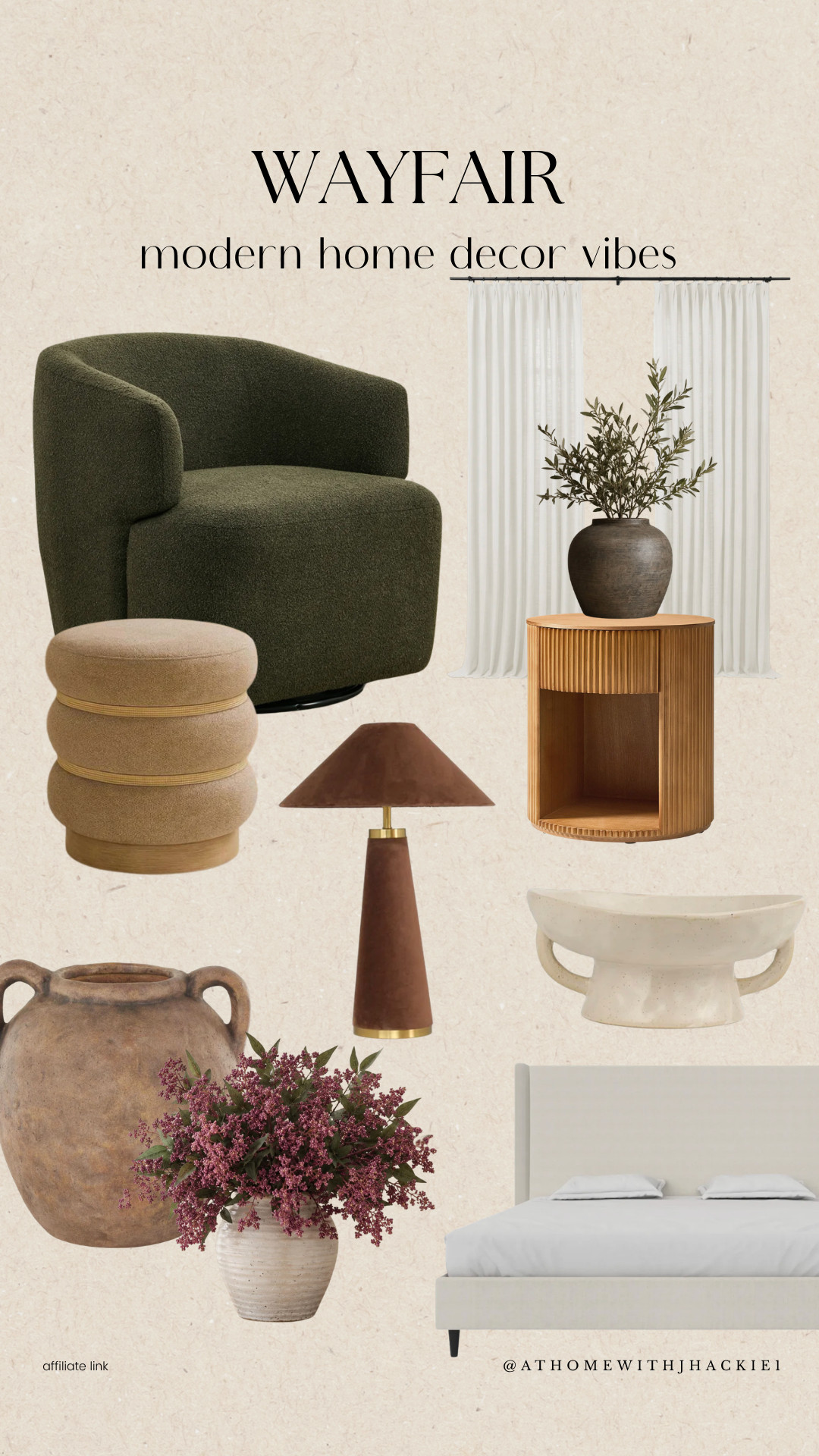 Wayfair home decor, Wayfair home finds, Wayfair furniture, modern home decor, modern home decor ideas, organic modern decor, organic modern furniture, contemporary home decor, neutral home decor, earthy home decor, warm modern decor, elevated home decor, designer home finds, green accent chair, swivel accent chair, boucle accent chair, upholstered stool, wood side table, round side table, modern table lamp, brown table lamp, ceramic bowl, decorative bowl, pottery vase, vintage inspired vase, faux floral arrangement, burgundy florals, neutral bed frame, modern bedroom furniture, living room decor, bedroom decor, Wayfair furniture finds, modern organic home, earthy neutral interiors, warm neutral home, affordable designer decor

#LTKHome