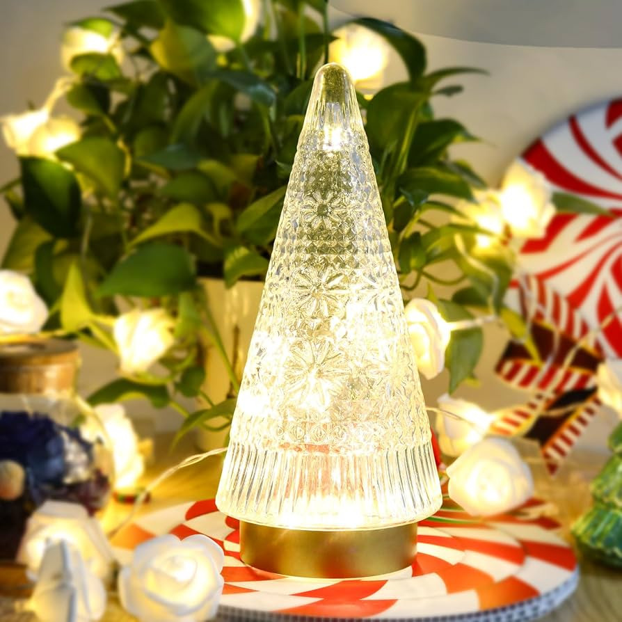 XINIYUGGR Glass Christmas Tree Small Sparkling Xmas Trees with LED Lights Decorations Table Top C... | Amazon (US)