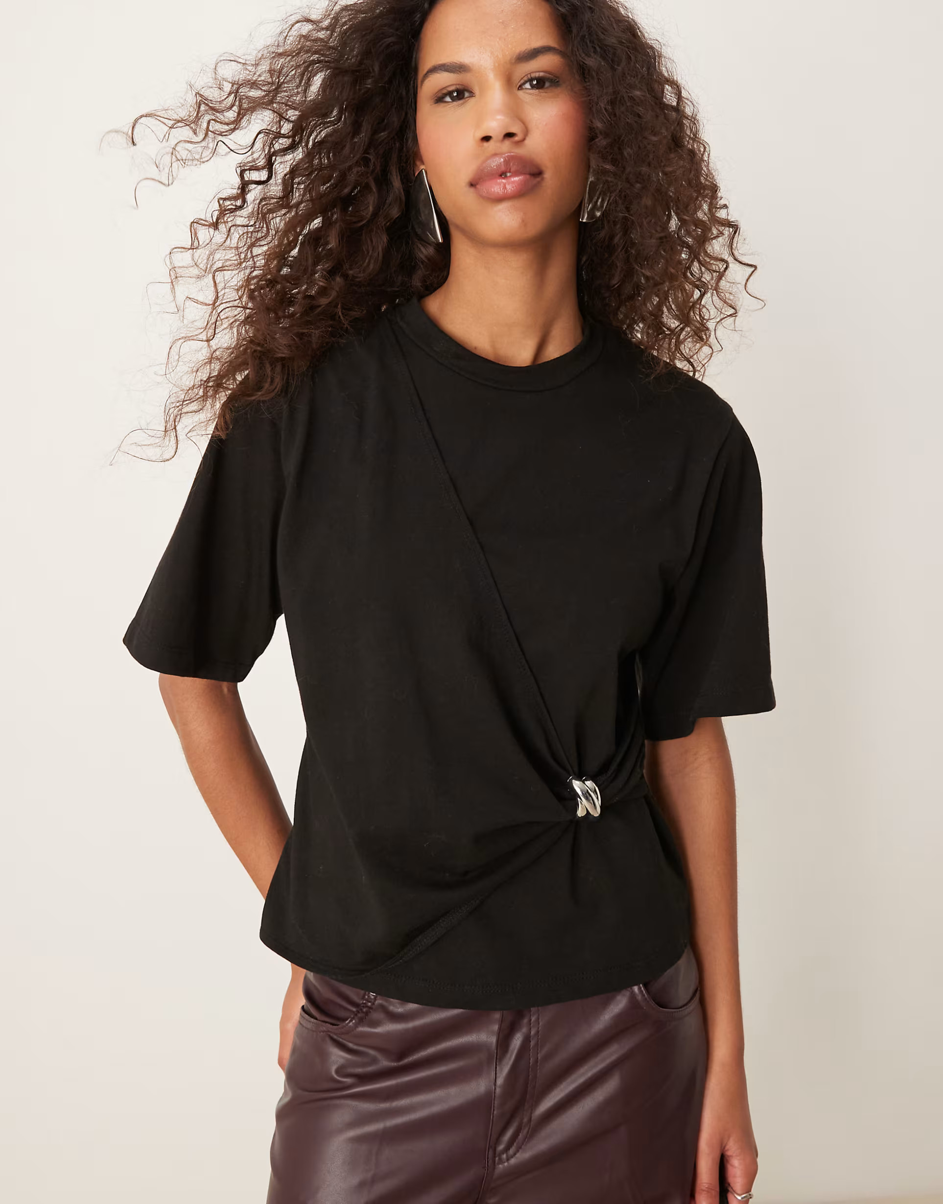 ASOS DESIGN twist detail short sleeve t-shirt with silver trim in black | ASOS (Global)