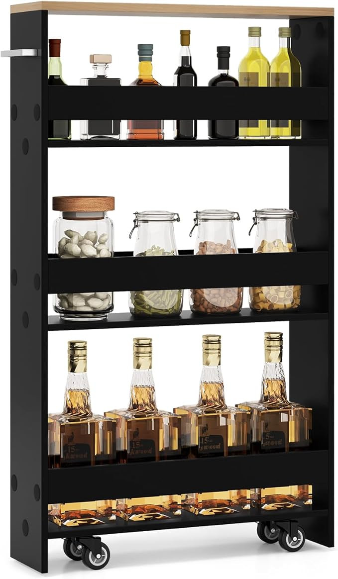 LOKO Slim Storage Cart, 4-Tier Rolling Cart with Handle & Wooden Top for Kitchen Bathroom Laundry... | Amazon (US)