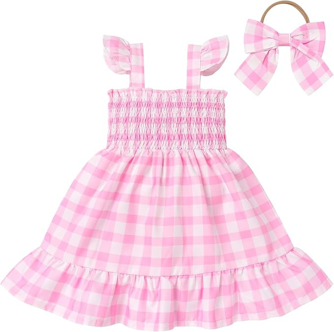 IWEMEK Toddler Girls Pink and White Plaid Dress Baby Girl Pink Plaid Dress Smocked Strap Pink Gin... | Amazon (US)
