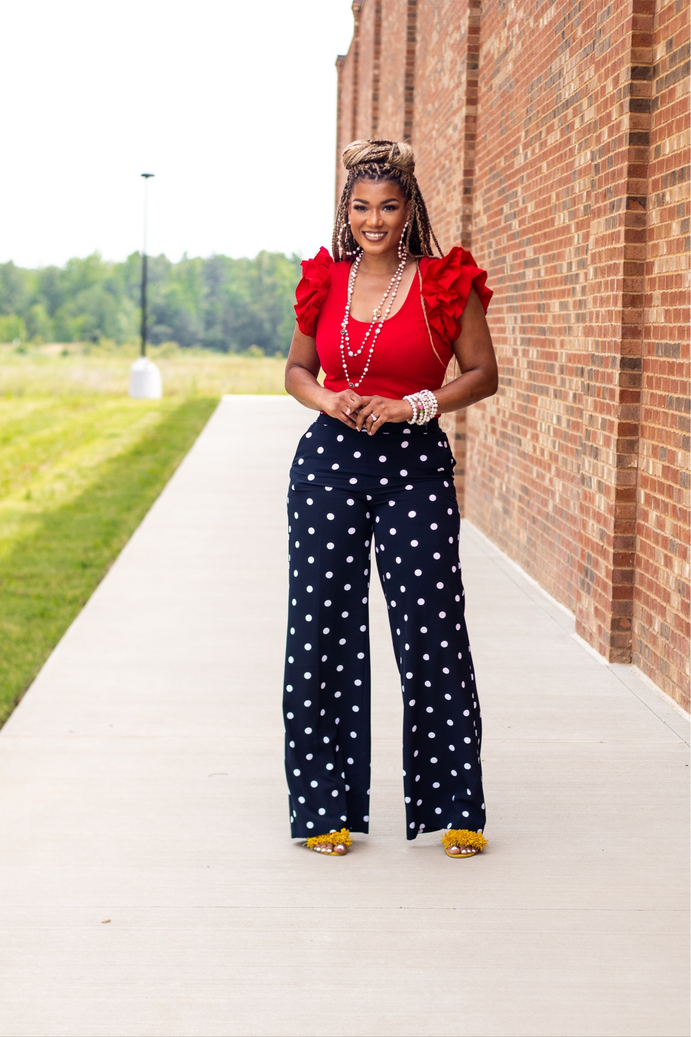 Ruffles and Polka Dots on a Sunday! #church #ruffles #outfitidea #summeroutfit #highwaistpants #fringe #fringeheels

#LTKfit #LTKstyletip #LTKSeasonal