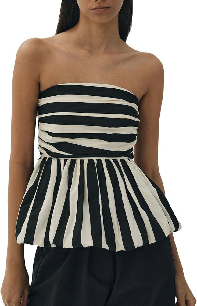 Yuemengxuan Women Y2K Strapless Peplum Tube Top Sleeveless Bubble Ruffle Hem Bandeau Y2k Girls Cu... | Amazon (US)