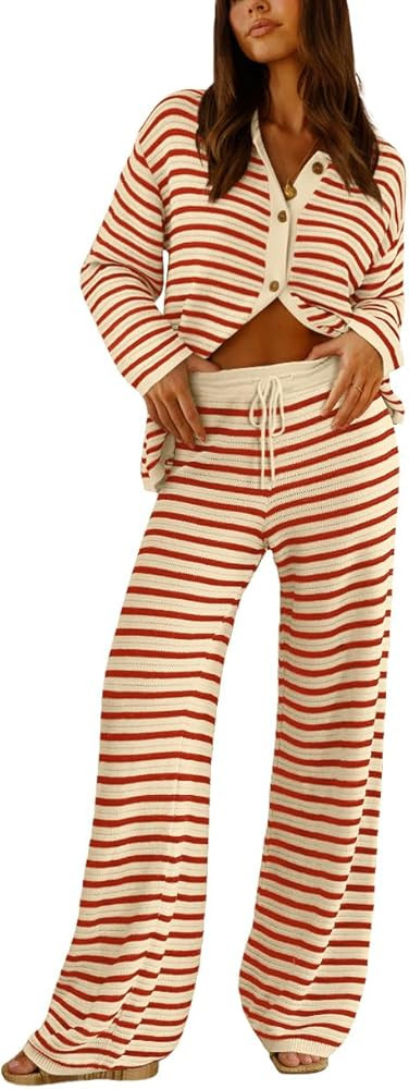 AGSEEM Womens Knit 2 Piece Lounge Sets Striped Long Sleeve Button Lapel Sweaters and Wide Leg Pan... | Amazon (US)