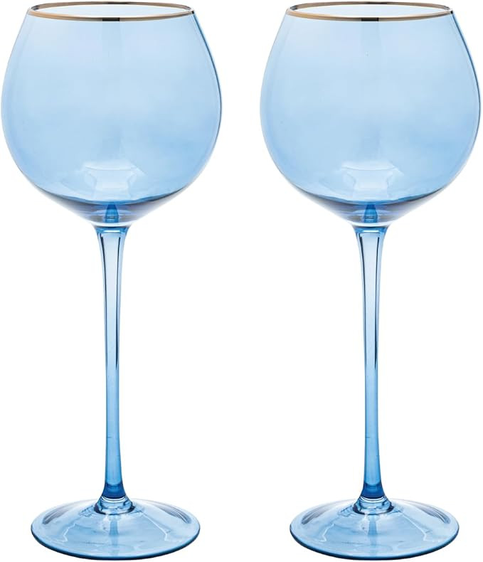Vikko Wine Glasses, 17 Ounce Blue Wine Glass with Gold Rim, Set of 2 Stemmed Wine Glasses for Red... | Amazon (US)