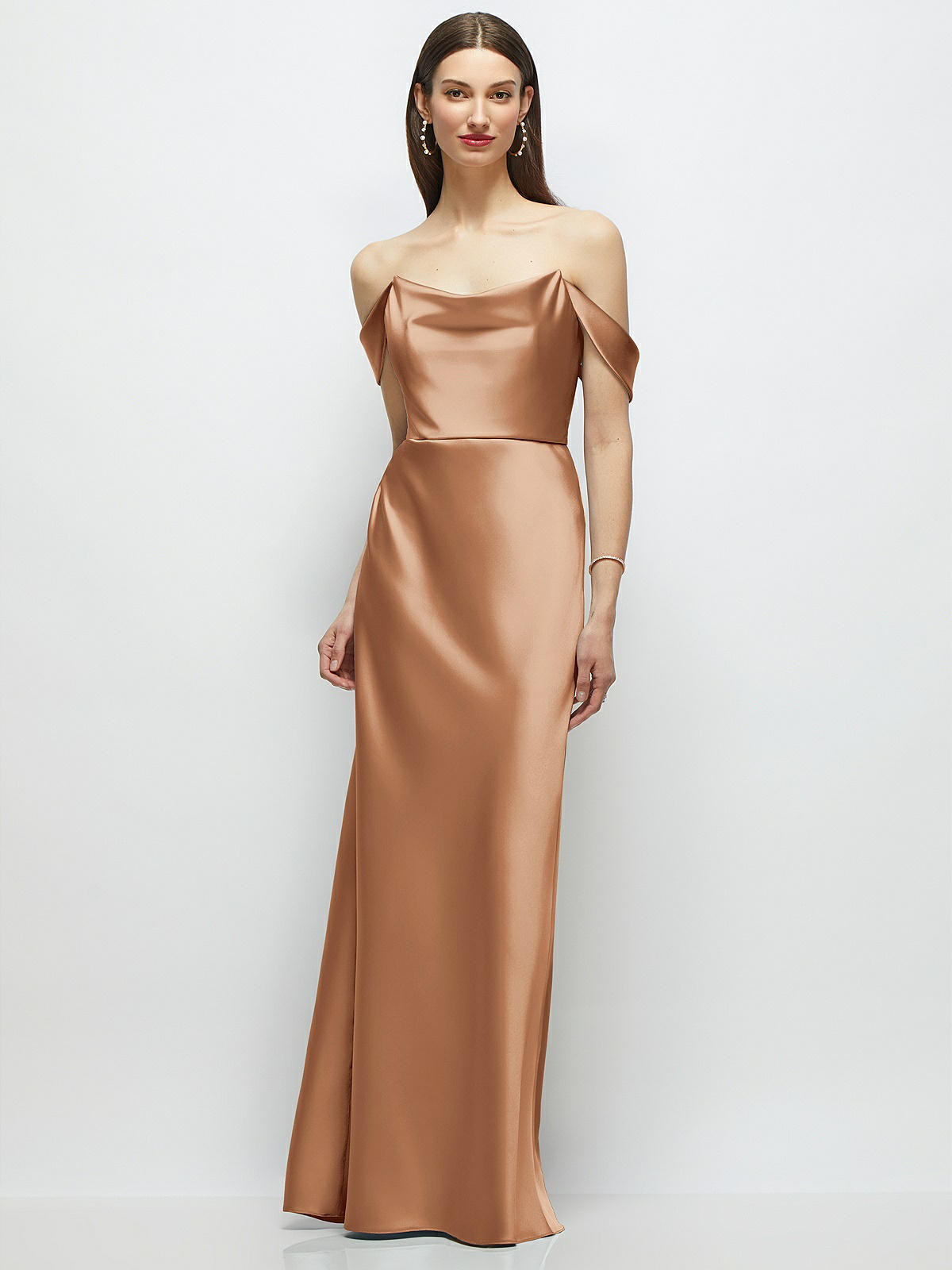 Basque-Neck A-Line Stretch Satin Maxi Dress with Off-the-Shoulder Drape in Toffee | Dessy Group