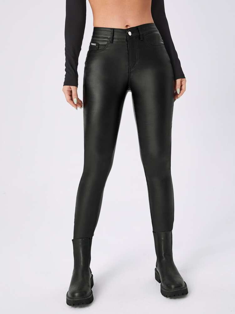 Leather Look Metal Detail Tapered Jeans | SHEIN