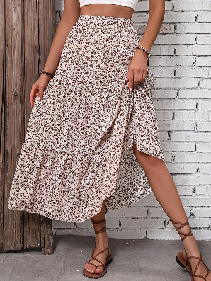 SHEIN VCAY Ditsy Floral Print Layered Hem Skirt | SHEIN