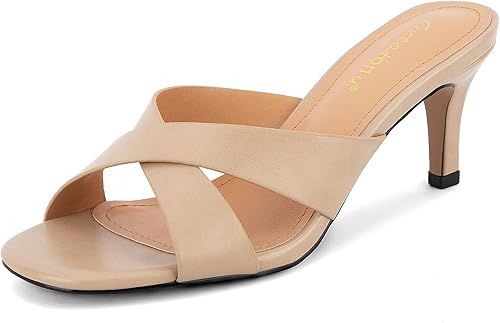Greatonu Women's Square Toe Summer Heels Mules Cross Strap Slip on kitten Heeled Sandals | Amazon (US)