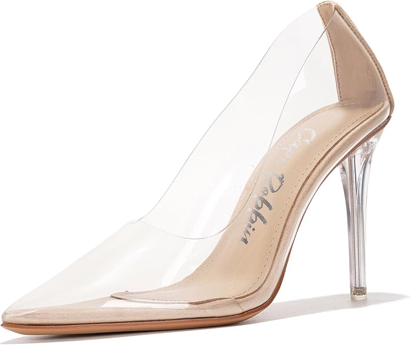 Women's Pointed Toe Clear Heels - Transparent Upper, 3.75 inch Lucite Heel & Genuine Leather Inso... | Amazon (US)