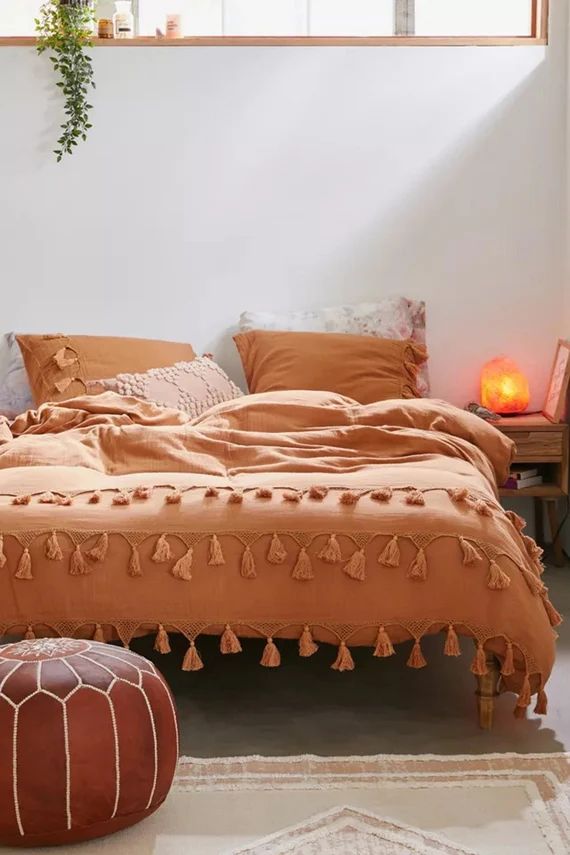3 Piece Burnt Orange Cotton Tassel Duvet Cover Set, Boho Bedding, Queen Full King Comforter Cover... | Etsy (US)
