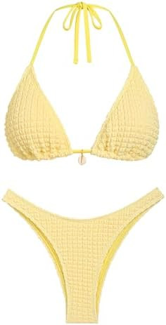 seamoly Women‘s Bikini Sets Two Piece Swimsuit Textured Halter Triangle Thong Bikini Set | Amazon (US)