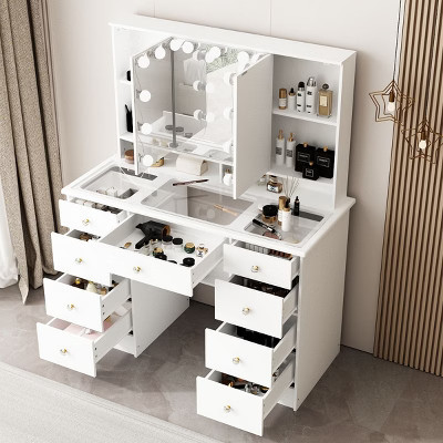 Famapy White Glass Top Table Vanity Table Vanity Desk with Lighting Bulbs and 3 Mirrors | Target
