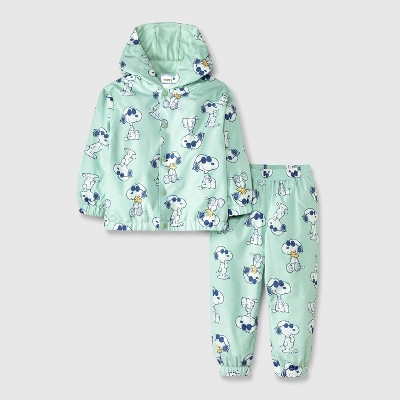 Baby Boys' Peanuts Snoopy Rain Windbreaker Jacket and Pant Set - Green 18M | Target