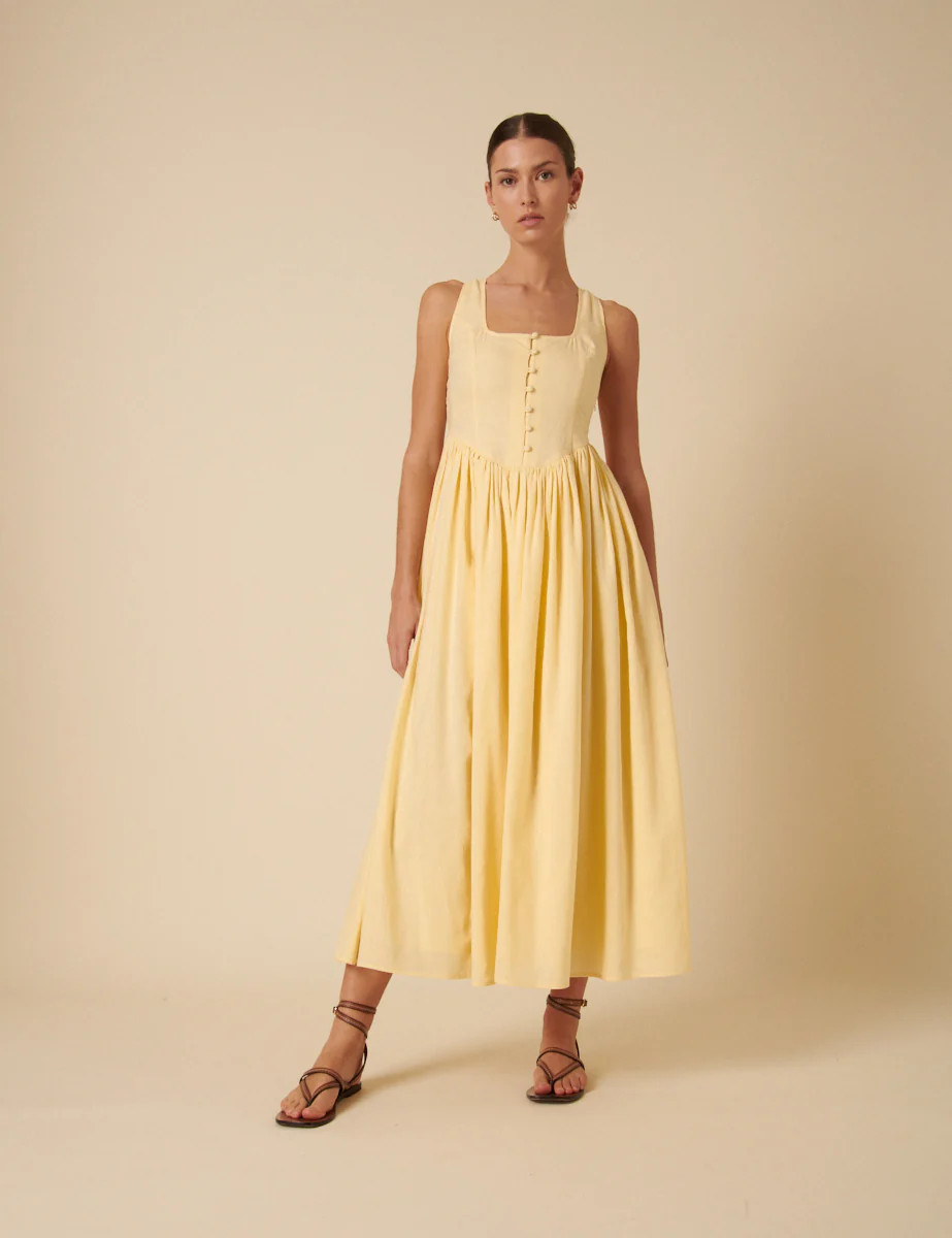 Butter Yellow Drop Waist Cora Midi Dress | Nobody's Child