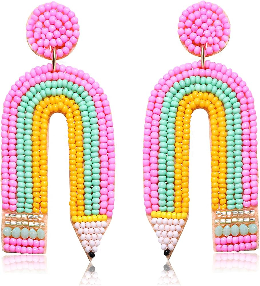 Teacher Earrings for Women Beaded Apple Pencil Dangle Earrings Colorful Rainbow Drop Earrings Bac... | Amazon (US)